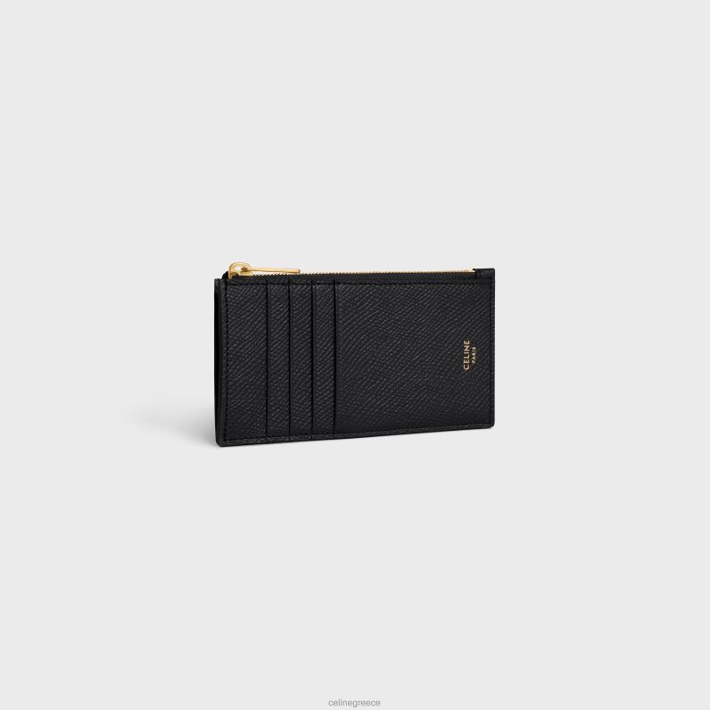 Συμπαγής θήκη κάρτας με φερμουάρ από δέρμα μοσχαριού με κόκκους γυναίκες CELINE 640PT506 αξεσουάρ μαύρος