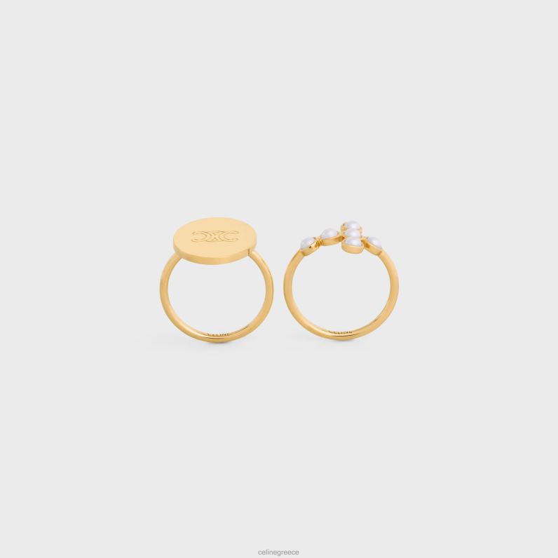 triomphe folk σετ 2 δαχτυλιδιών από ορείχαλκο με χρυσό φινίρισμα & πέρλες ρητίνης γυναίκες CELINE 640PT1377 αξεσουάρ χρυσό/ελεφαντόδοντο