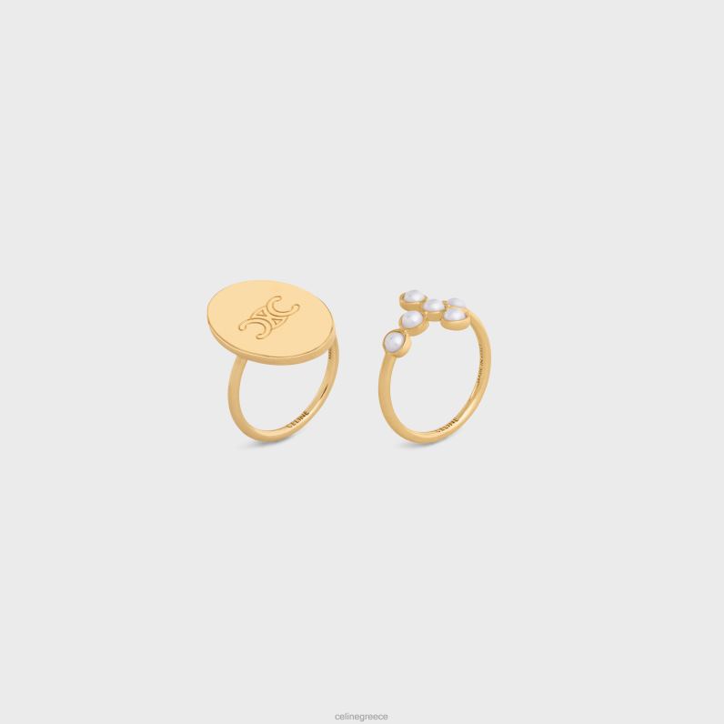 triomphe folk σετ 2 δαχτυλιδιών από ορείχαλκο με χρυσό φινίρισμα & πέρλες ρητίνης γυναίκες CELINE 640PT1377 αξεσουάρ χρυσό/ελεφαντόδοντο