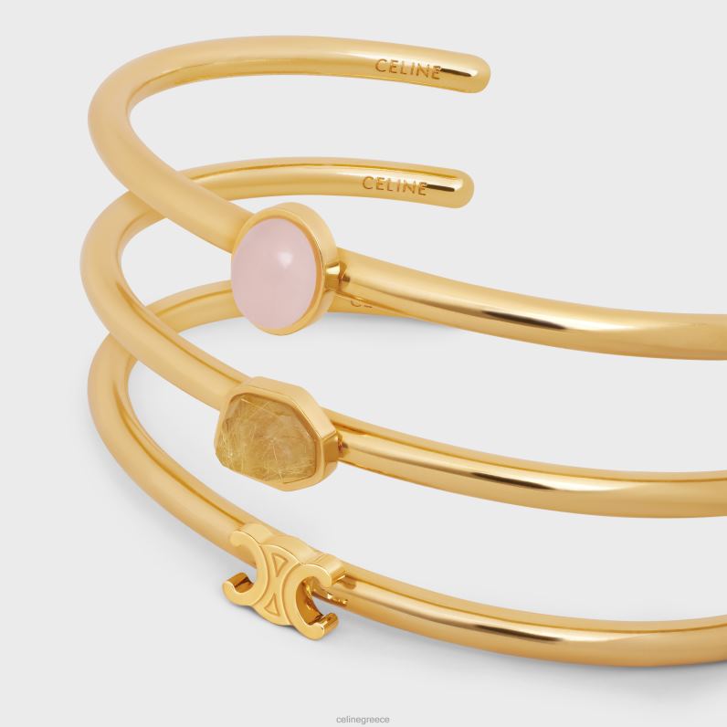 triomphe indie σετ με 3 μανσέτες από ορείχαλκο με χρυσό φινίρισμα, rutilated χαλαζία & ροζ χαλαζία γυναίκες CELINE 640PT1286 αξεσουάρ χρυσός/ρουτίλιο χαλαζία/ροζ qu