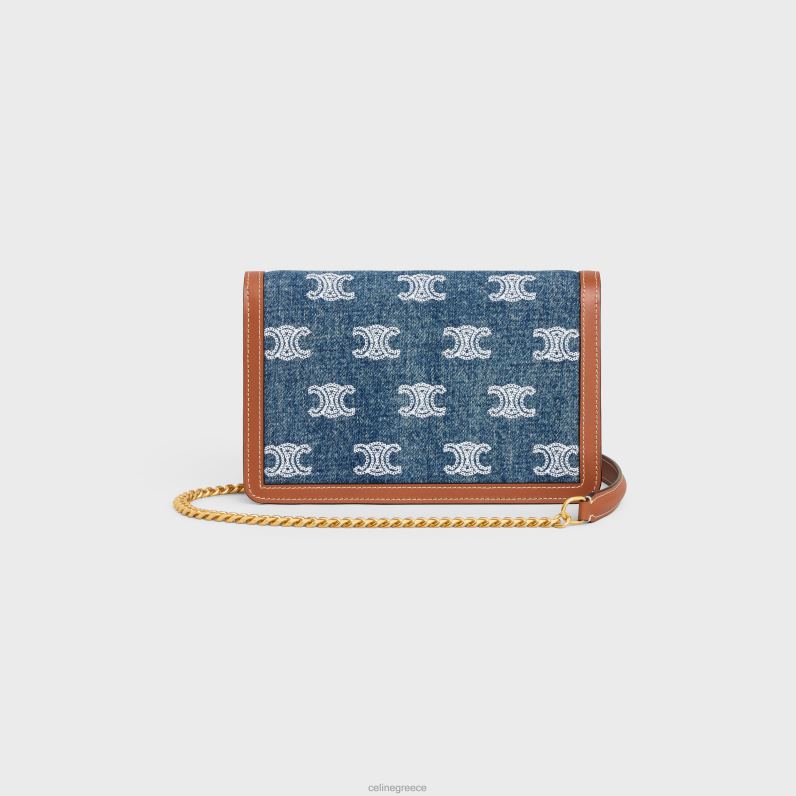 πορτοφόλι σε αλυσίδα μαργκό σε τζιν με κέντημα triomphe και δέρμα μοσχαριού γυναίκες CELINE 640PT358 αξεσουάρ ναυτικό / μαύρισμα