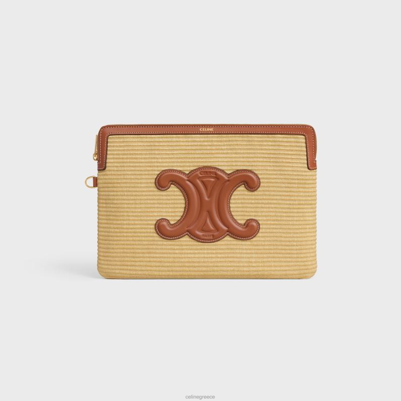 μικρό πουγκί με υπογραφή ιμάντα σε ύφασμα εφέ ραφίας & δέρμα μοσχαριού γυναίκες CELINE 640PT403 αξεσουάρ φυσικός/μαύρισμα