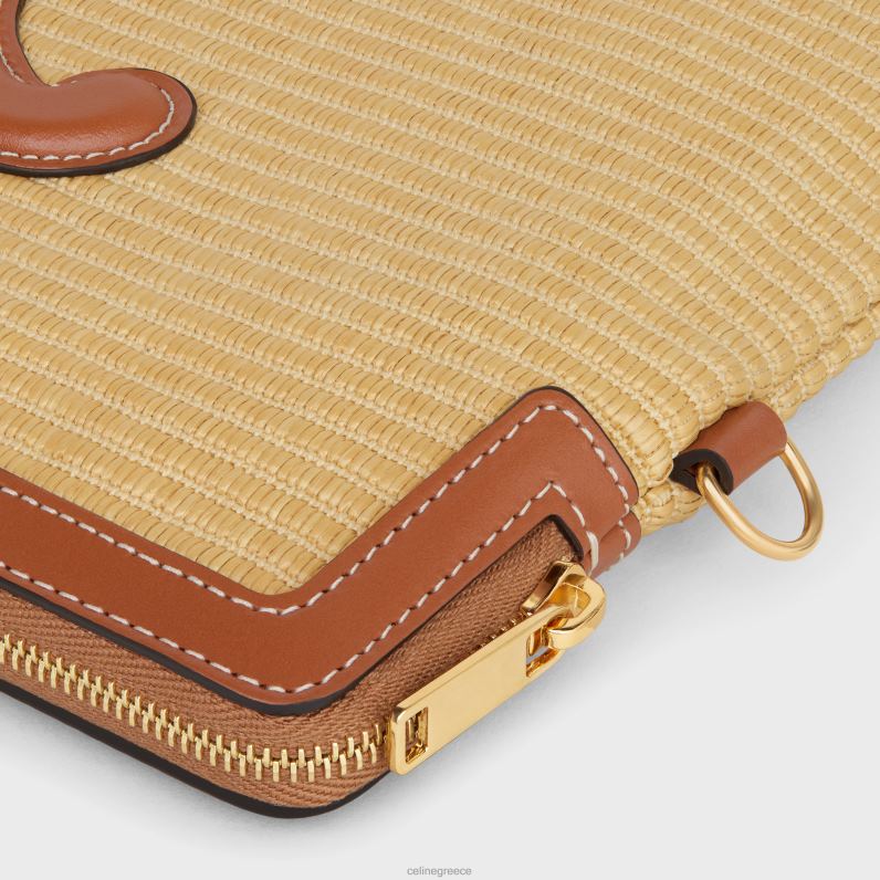 μικρό πουγκί με υπογραφή ιμάντα σε ύφασμα εφέ ραφίας & δέρμα μοσχαριού γυναίκες CELINE 640PT403 αξεσουάρ φυσικός/μαύρισμα