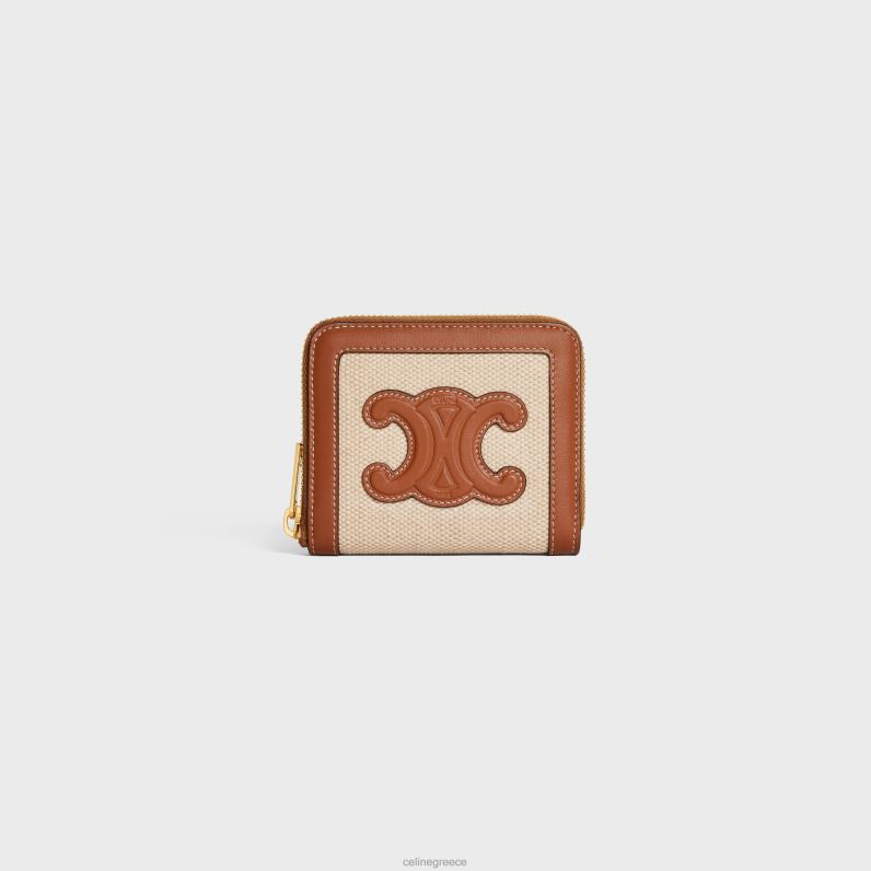 συμπαγές πορτοφόλι με φερμουάρ cuir triomphe σε ύφασμα και δέρμα μοσχαριού γυναίκες CELINE 640PT474 αξεσουάρ φυσικός/μαύρισμα