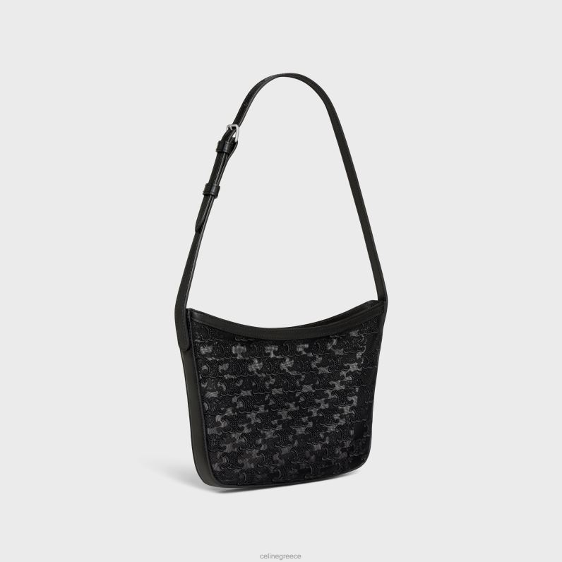 μεσαία τσάντα κροκ από ύφασμα τούλι με κεντήματα θριάμβου γυναίκες CELINE 640PT40 αξεσουάρ μαύρος