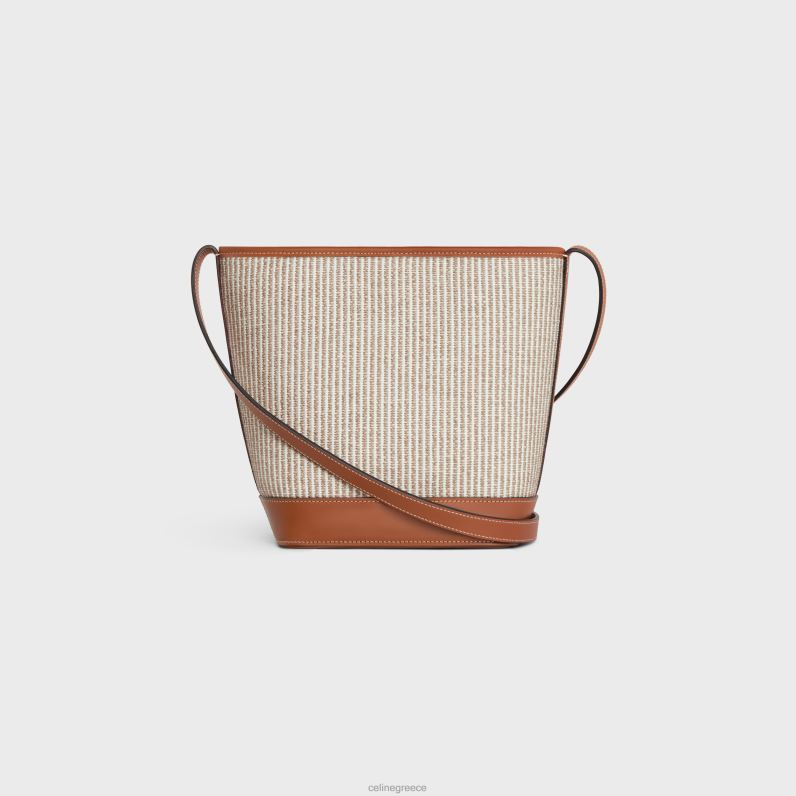 μικρός κουβάς cuir triomphe σε ριγέ ύφασμα & δέρμα μοσχαριού γυναίκες CELINE 640PT202 αξεσουάρ μπεζ