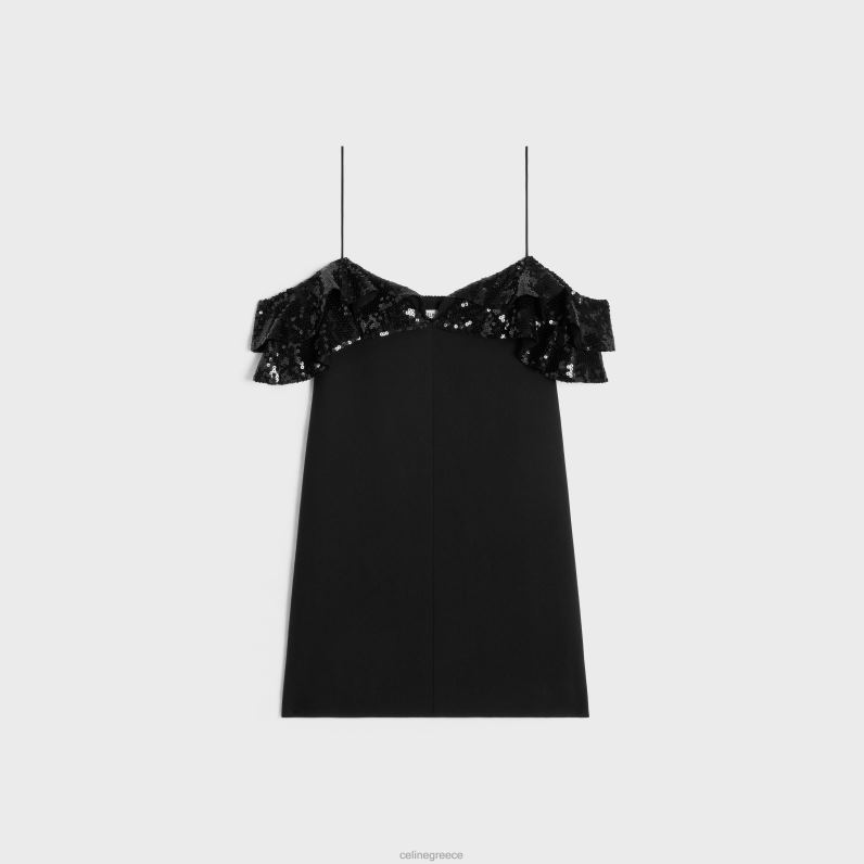 μίνι φόρεμα με κεντημένα βολάν σε μάλλινο σαμπέλ γυναίκες CELINE 640PT658 ενδύματα μαύρος