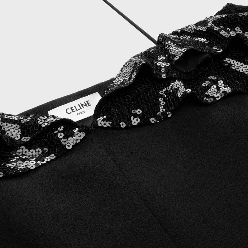 μίνι φόρεμα με κεντημένα βολάν σε μάλλινο σαμπέλ γυναίκες CELINE 640PT658 ενδύματα μαύρος