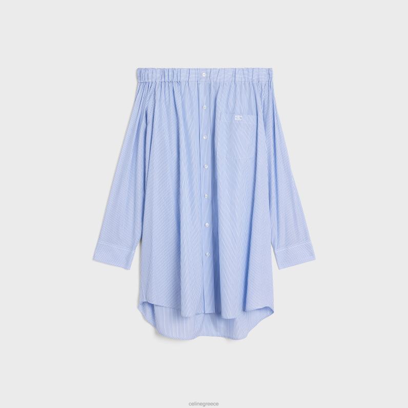 φόρεμα πουκάμισο με ώμους από βαμβακερό ριγέ γυναίκες CELINE 640PT799 ενδύματα craie/bleu