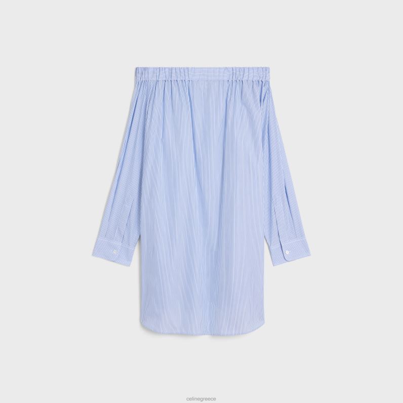 φόρεμα πουκάμισο με ώμους από βαμβακερό ριγέ γυναίκες CELINE 640PT799 ενδύματα craie/bleu