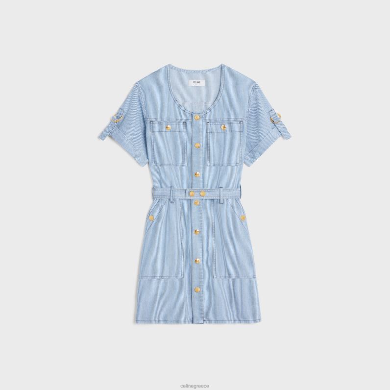 Μίνι στρατιωτικό φόρεμα από βαμβακερό χίκυρο γυναίκες CELINE 640PT801 ενδύματα πλύση κυμάτων