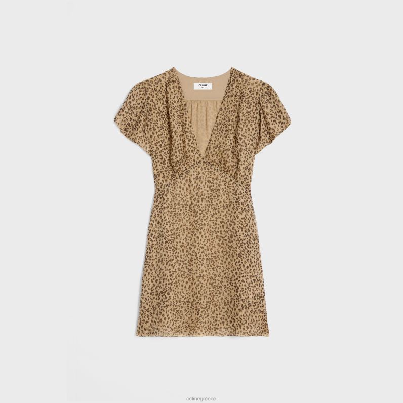 Μίνι φόρεμα babydoll από μεταξωτή μουσελίνα γυναίκες CELINE 640PT655 ενδύματα βανίλια/μαρρόν