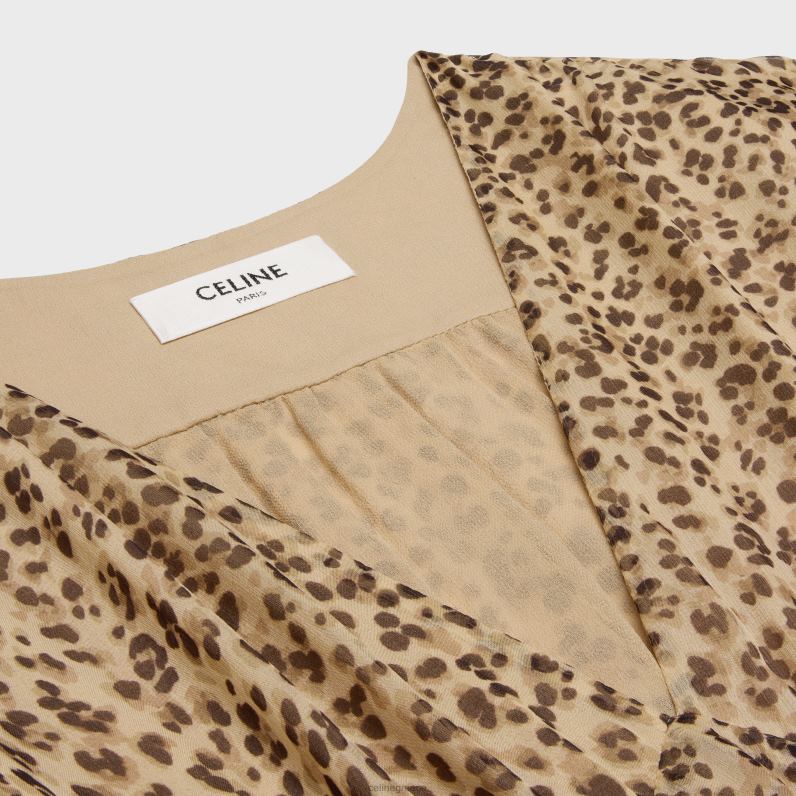 Μίνι φόρεμα babydoll από μεταξωτή μουσελίνα γυναίκες CELINE 640PT655 ενδύματα βανίλια/μαρρόν