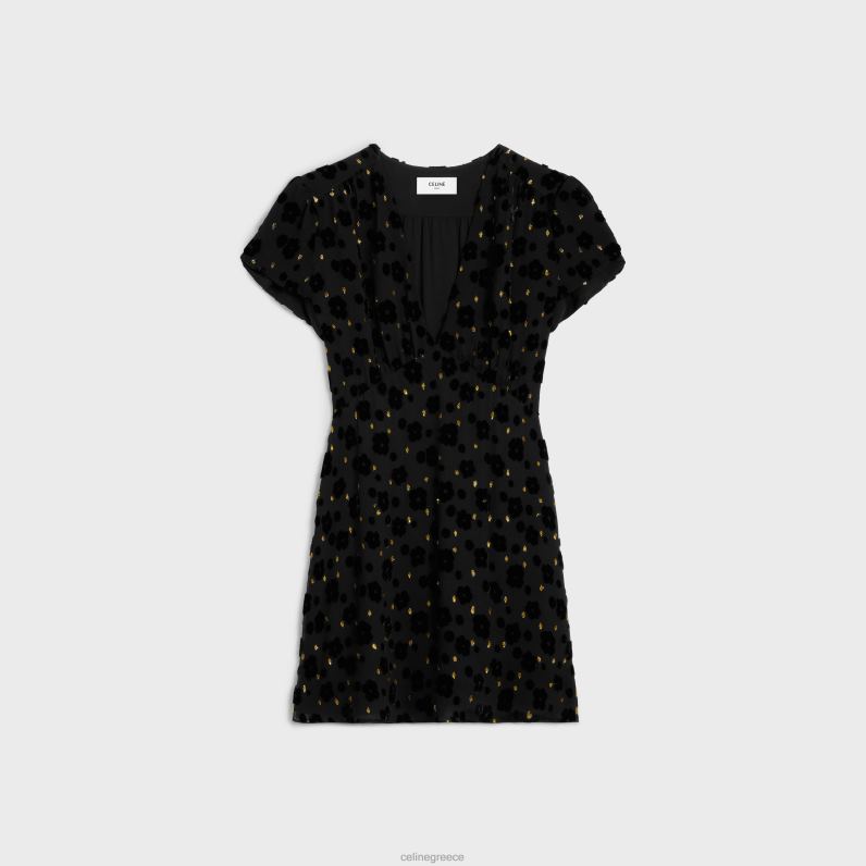Μίνι φόρεμα babydoll από βελούδο fil coupe γυναίκες CELINE 640PT654 ενδύματα μαύρος