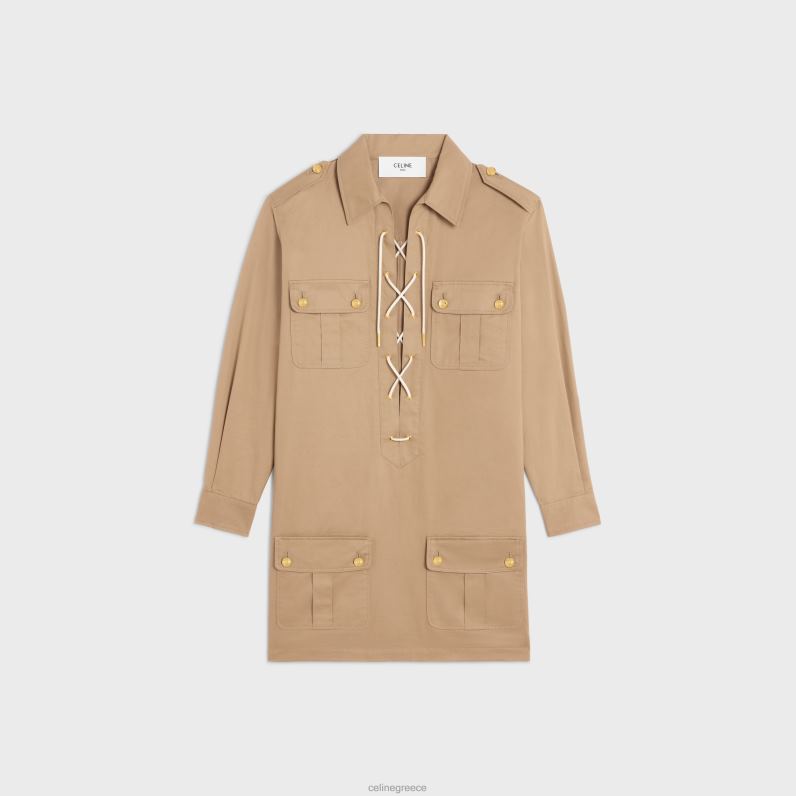 Μίνι φόρεμα saharienne από βαμβακερό λινό γυναίκες CELINE 640PT797 ενδύματα κορδόνι