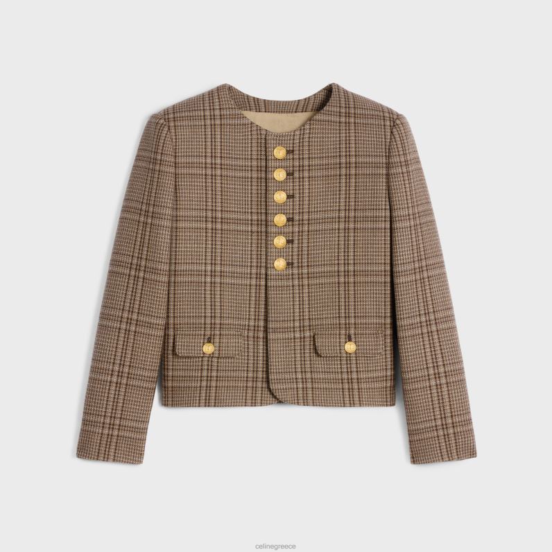 Μπουφάν chelsea από μαλλί Prince of Wales γυναίκες CELINE 640PT554 ενδύματα ελεφαντοστού/καμήλας/εμπένη