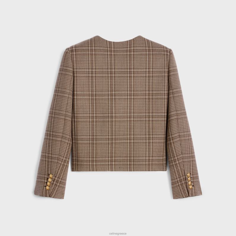 Μπουφάν chelsea από μαλλί Prince of Wales γυναίκες CELINE 640PT554 ενδύματα ελεφαντοστού/καμήλας/εμπένη