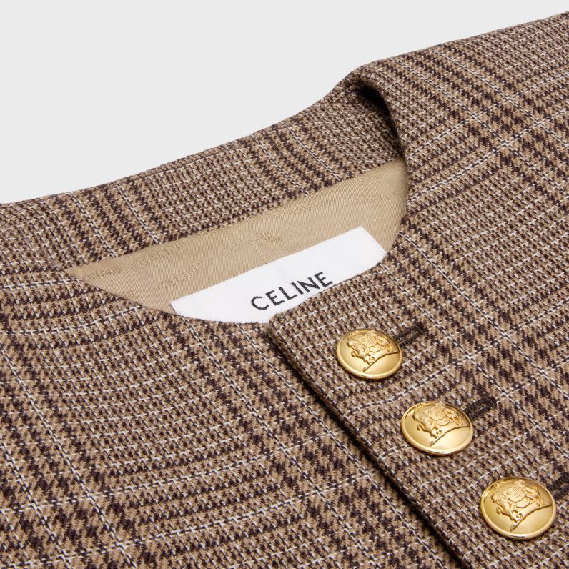 Μπουφάν chelsea από μαλλί Prince of Wales γυναίκες CELINE 640PT554 ενδύματα ελεφαντοστού/καμήλας/εμπένη