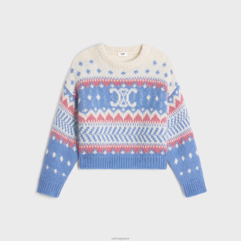 Πουλόβερ με λαιμόκοψη σε Fair Isle μοχέρ & μετάξι γυναίκες CELINE 640PT606 ενδύματα γαλάζιο