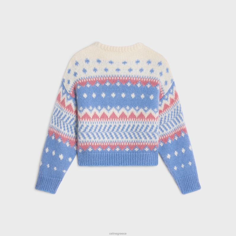 Πουλόβερ με λαιμόκοψη σε Fair Isle μοχέρ & μετάξι γυναίκες CELINE 640PT606 ενδύματα γαλάζιο