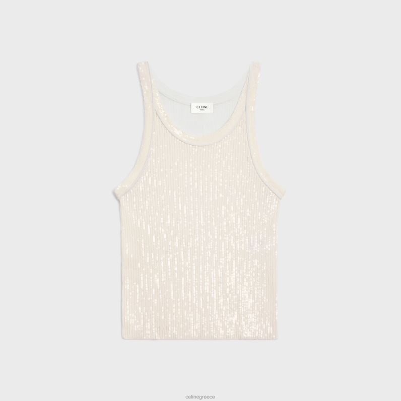 κεντημένο φανελάκι από μετάξι με ραβδώσεις γυναίκες CELINE 640PT570 ενδύματα υπόλευκο