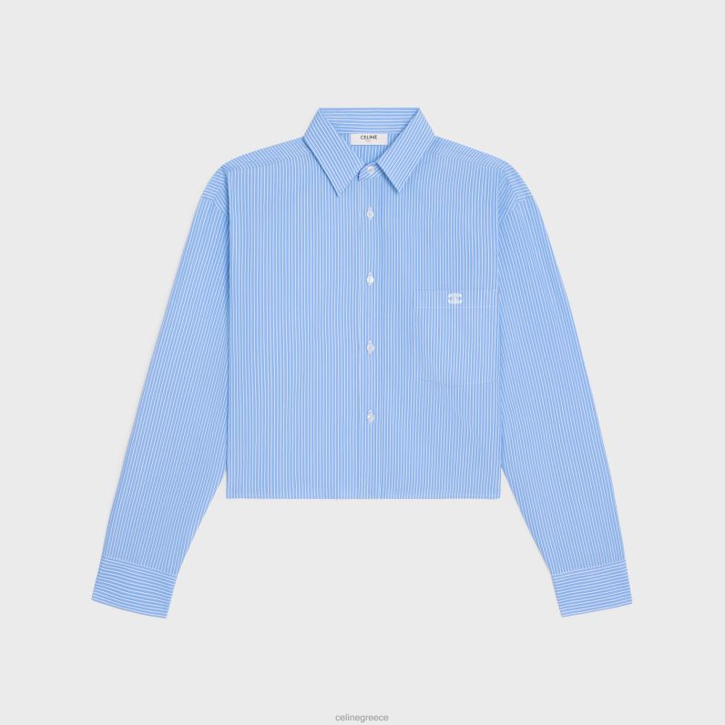 cropped πουκάμισο σε ριγέ βαμβακερή ποπλίνα γυναίκες CELINE 640PT835 ενδύματα ciel/blanc