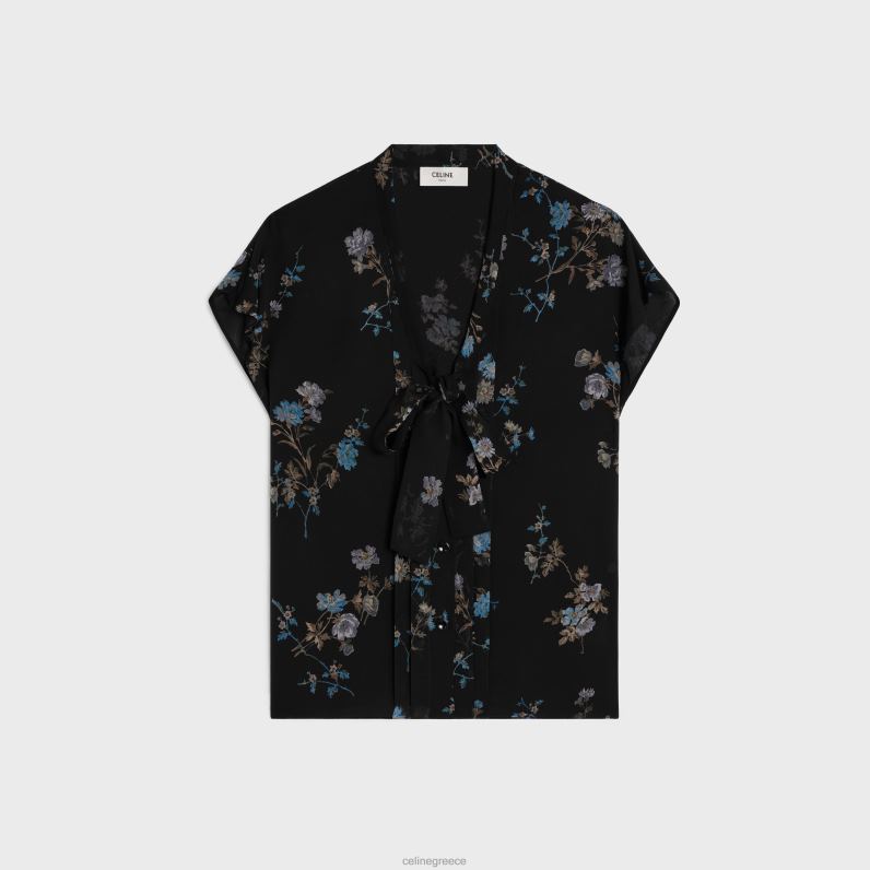 Μπλούζα lavalliere σε μεταξωτή ζωρζέτ γυναίκες CELINE 640PT841 ενδύματα νουάρ/μπλε