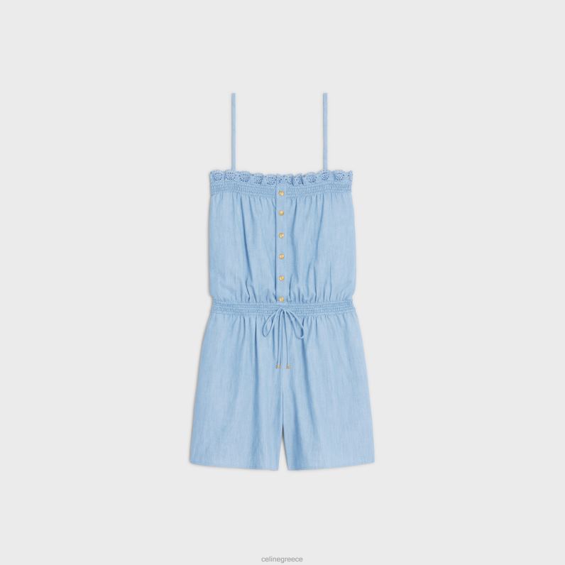 smocked playsuit σε πλυμένο chambray γυναίκες CELINE 640PT890 ενδύματα μπλε ναυτικό/τζιν