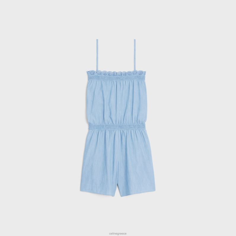 smocked playsuit σε πλυμένο chambray γυναίκες CELINE 640PT890 ενδύματα μπλε ναυτικό/τζιν