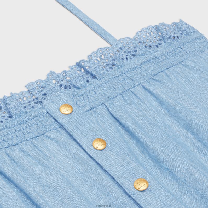 smocked playsuit σε πλυμένο chambray γυναίκες CELINE 640PT890 ενδύματα μπλε ναυτικό/τζιν