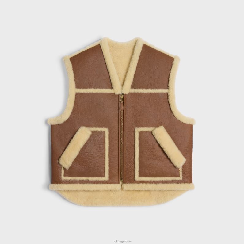 vintage-finish γιλέκο σε shearling γυναίκες CELINE 640PT626 ενδύματα μαύρισμα/κρέμα