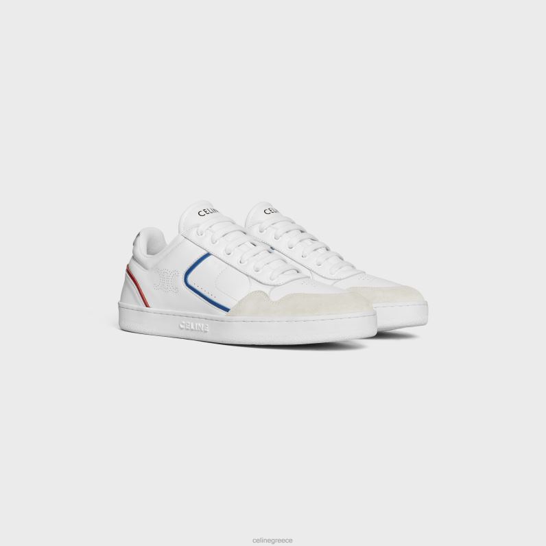 ct-10 sneaker με χαμηλό κορδόνι από δέρμα μοσχαριού, πλαστικοποιημένο δέρμα μοσχαριού & δέρμα μοσχαριού σουέτ γυναίκες CELINE 640PT948 είδη υπόδησης οπτικό λευκό/μπλε/κόκκινο/ασημί