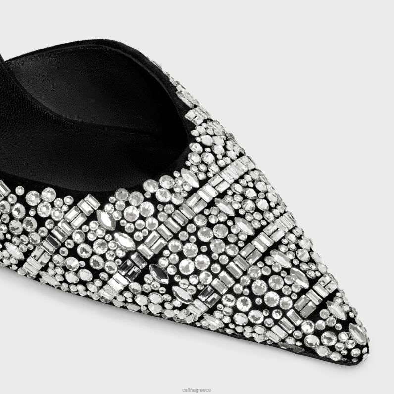 αντλία με λουράκι γατούλας από δέρμα σουέτ κατσίκας με στρας & δέρμα μοσχαριού γυναίκες CELINE 640PT982 είδη υπόδησης μαύρο/κρύσταλλο