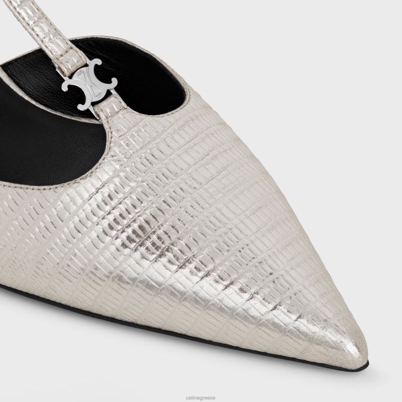 γατάκι t-bar αντλία με λουράκι σε επιμεταλλωμένο δέρμα μόσχου με στάμπα σαύρας γυναίκες CELINE 640PT979 είδη υπόδησης πλατίνα