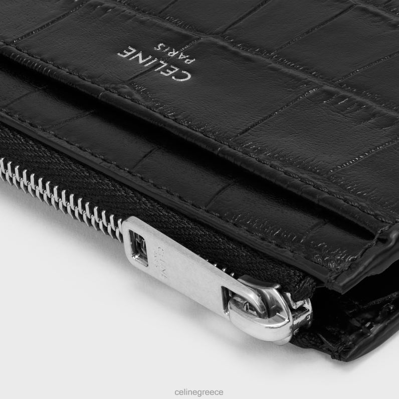 θήκη για κάρτες με φερμουάρ από δέρμα μοσχαριού ανάγλυφο κροκόδειλου άνδρες CELINE 640PT2153 αξεσουάρ μαύρος