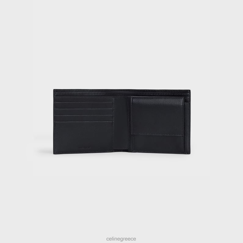 δίπτυχο πορτοφόλι με θήκη για νομίσματα από δέρμα μοσχαριού άνδρες CELINE 640PT2159 αξεσουάρ μαύρος