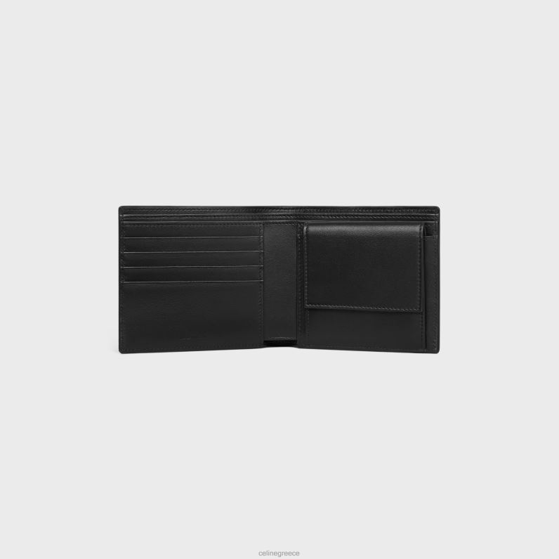 δίπτυχο πορτοφόλι με θήκη για νομίσματα από δέρμα μοσχαριού ανάγλυφο κροκόδειλου άνδρες CELINE 640PT2164 αξεσουάρ μαύρος
