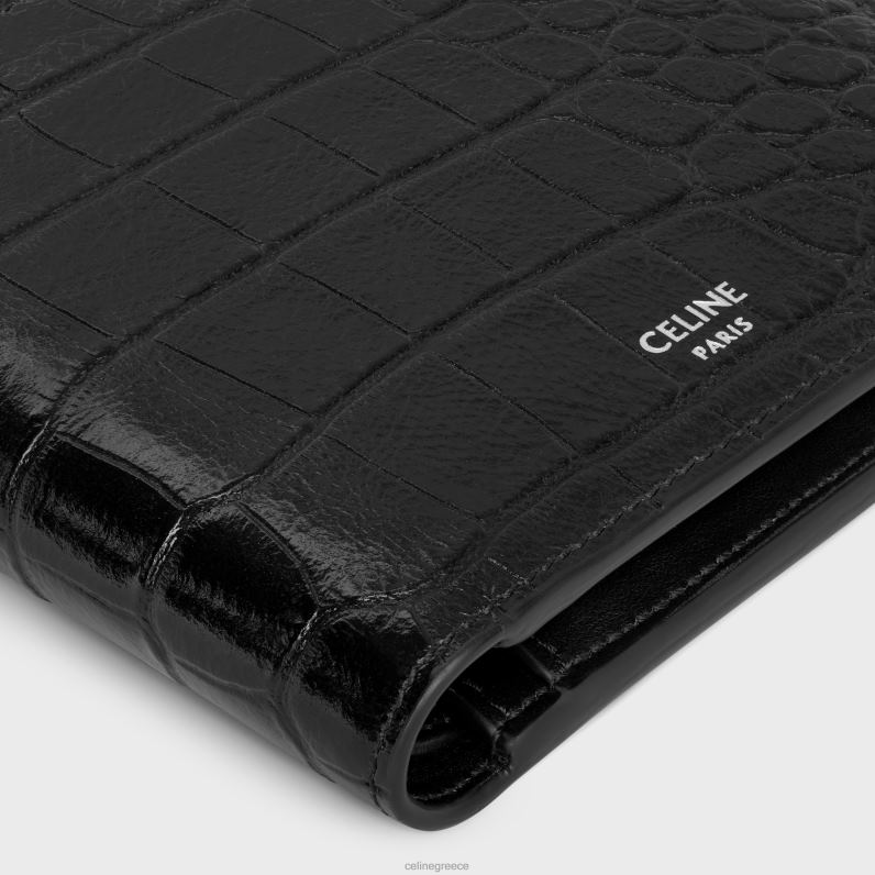 δίπτυχο πορτοφόλι με θήκη για νομίσματα από δέρμα μοσχαριού ανάγλυφο κροκόδειλου άνδρες CELINE 640PT2164 αξεσουάρ μαύρος