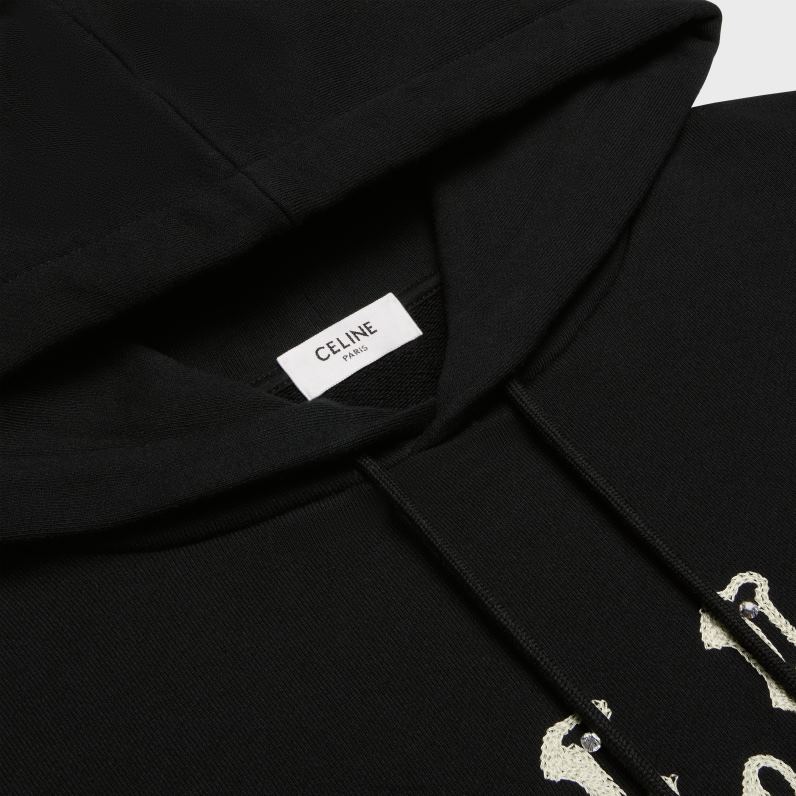 φαρδιά κεντημένη κουκούλα από βαμβακερό φλις άνδρες CELINE 640PT1940 ενδύματα μαύρο / υπόλευκο / κρύσταλλο