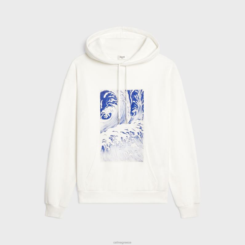 Χαλαρό κουκούλα κυμάτων από βαμβακερό φλις άνδρες CELINE 640PT1948 ενδύματα υπόλευκο/μπλε