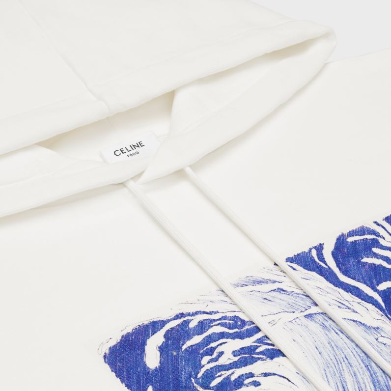 Χαλαρό κουκούλα κυμάτων από βαμβακερό φλις άνδρες CELINE 640PT1948 ενδύματα υπόλευκο/μπλε