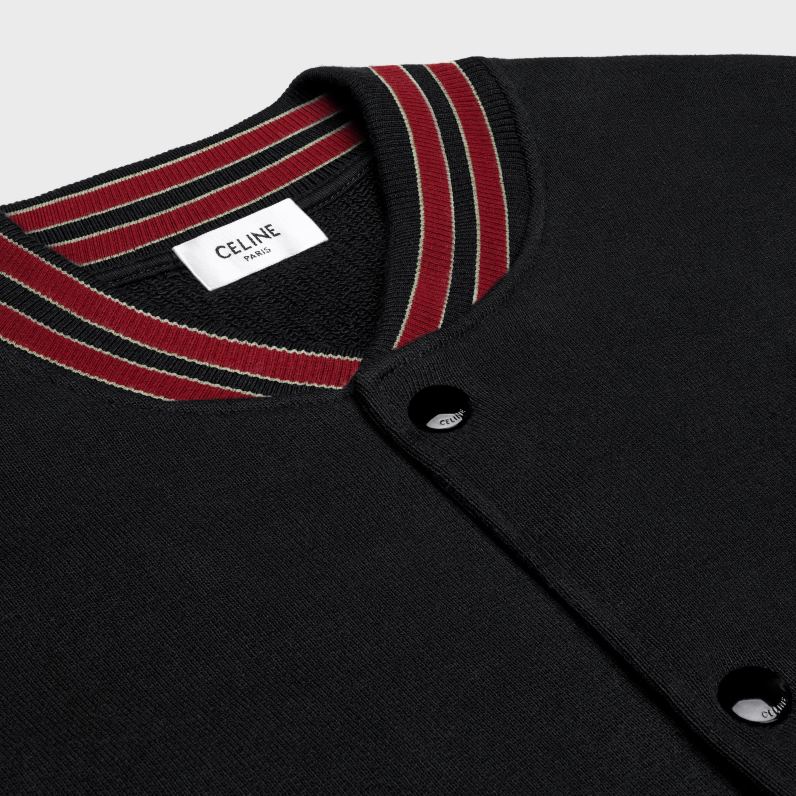 teddy κολεγιακό μπουφάν από βαμβακερό φλις άνδρες CELINE 640PT1776 ενδύματα μαύρο/κόκκινο σταφύλι/ υπόλευκο