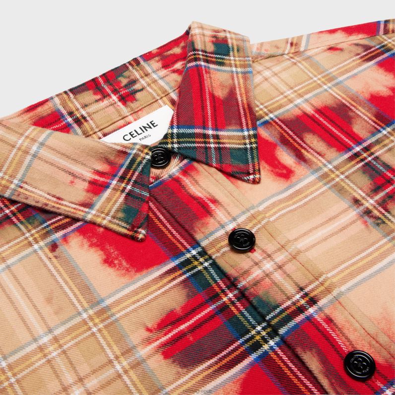 φαρδύ πουκάμισο από καρό βαμβάκι άνδρες CELINE 640PT1919 ενδύματα ρουζ ταρτάν