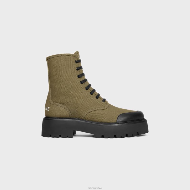 ογκώδεις μπότες με κορδόνια σε καμβά & λαμπερό δέρμα ταύρου άνδρες CELINE 640PT2037 είδη υπόδησης χακί/μαύρο